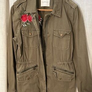 Velvet by Graham & Spencer Khaki Jacket with Red Floral Embroidery